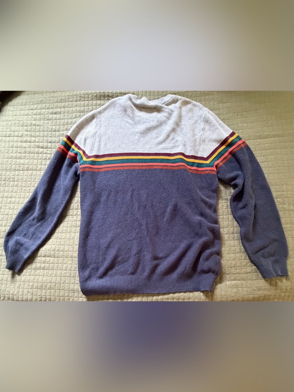 KAVU Medium Retro Stripe Crewneck Sweater Gray Navy Colorblock Outdoor Casual